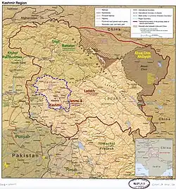Srinagar lies in the Kashmir division (neon blue) of the Indian-administered Jammu and Kashmir (shaded tan) in the disputed Kashmir region. =