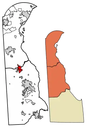 Location of Smyrna in Kent County and New Castle County, Delaware.