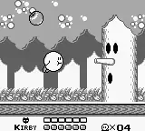 A screenshot of Kirby floating in Kirby's Dream Land