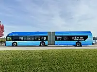 Left side of Spokane Transit 60-foot BEB laying over at Hastings Park and Ride October 2023