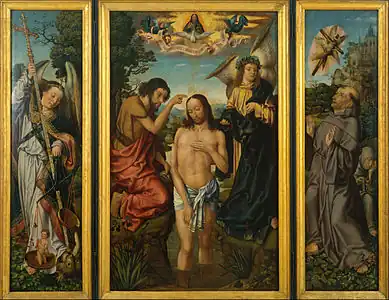 Master of Frankfurt, Triptych of the Baptism of Christ, Oil and gold leaf on wood, 169.2 x 213.5 x 5.5 cm, Museu Nacional d'Art de Catalunya, MNAC.