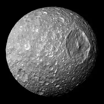Image 10Mimas (moon)Photo: NASA/JPL/SSISaturn's moon Mimas, as imaged by the Cassini spacecraft. It was discovered on 17 September 1789 by English astronomer William Herschel, and was named after Mimas, a son of Gaia in Greek mythology, by Herschel's son John. The large Herschel Crater is the dominating feature of the moon. With a diameter of 396 km (246 mi), it is the smallest astronomical body that is known to be rounded due to self-gravitation.More selected pictures