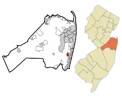 Map of Shark River Hills highlighted within Monmouth County. Right: Location of Monmouth County in New Jersey.