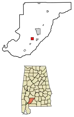 Location of Frisco City in Monroe County, Alabama.