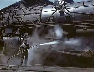 Washing a steam locomotive