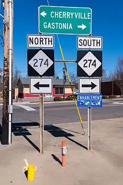 Directional signs of NC 274, at the end of NC 161, in Bessemer City