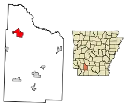 Location of Prescott in Nevada County, Arkansas.