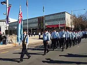 Members of No. 28 Squadron RAAF pass by Civic Square during the unit's Freedom of the City parade in August 2013