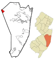 Location of New Egypt in Ocean County highlighted in red (left). Inset map: Location of Ocean County in New Jersey highlighted in orange (right).