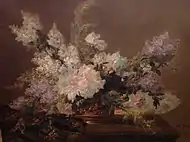 Bouquet de fleurs dans une coupe en bronze sur un entablement, oil on canvas, 114 x 145 cm, private collection