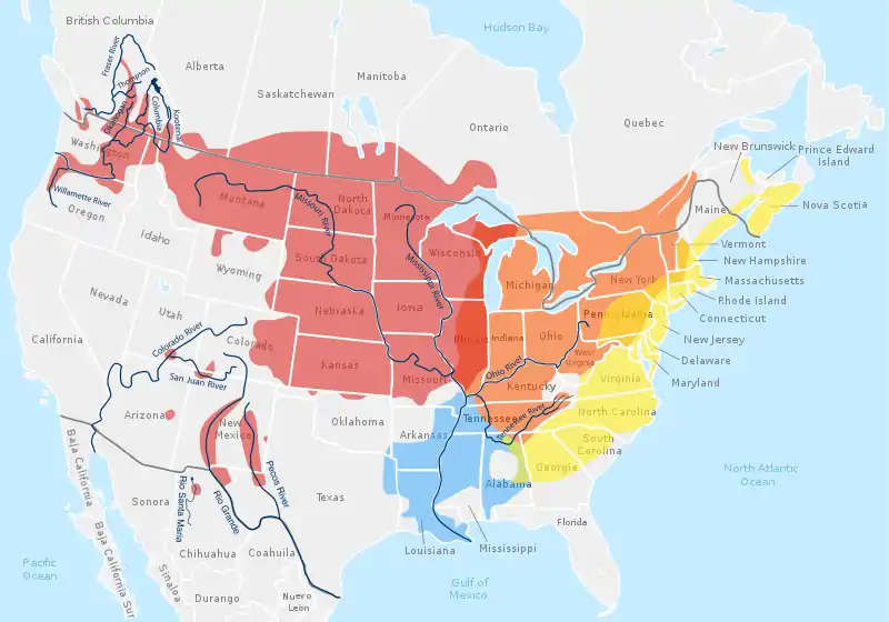 Map of North America showing the subspecies' specific ranges in different colors