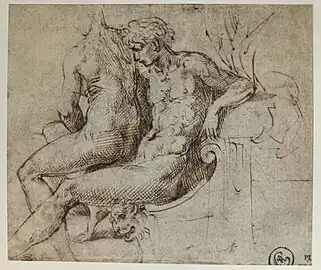 A drawing that copies image 10 by Parmigianino. Pen and brown ink on Paper, trimmed. 1524 - 1527