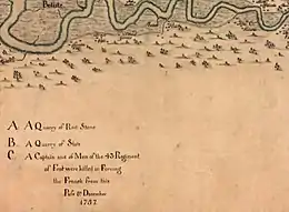 The letter "C" at the top right marks the location of Battle of Bloody Creek, Annapolis River map c. 1759.