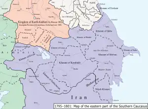 Political map of the eastern part of the Southern Caucasus between 1795–1801. Shamshadil is located in the southern part of the Kingdom of Kartli-Kakheti