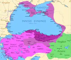 The Kingdom of Pontus at its height: before the reign of Mithridates VI (dark purple), after his early conquests (purple), and his conquests in the first Mithridatic wars (pink)