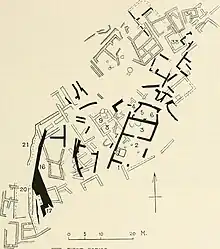 Diagram of an archaeological site, showing a jumbled mass of buildings and structures