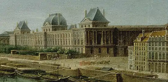 Detail from a 1763 painting by Raguenet showing the south wing with its new facade. The new rows of rooms added behind the new facade in front of Le Vau's older facade remained unroofed, and the topmost stories and steep-pitched roofs of the old pavilions had not yet been removed.