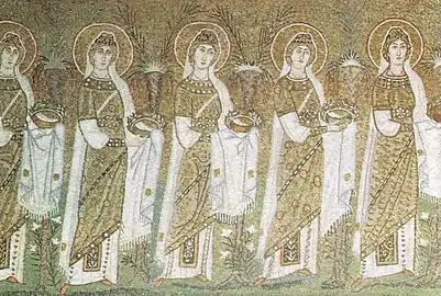 Victoria and Anatolia are portrayed amongst the mosaic Procession of Virgins in the Basilica of Sant'Apollinare Nuovo, Ravenna.