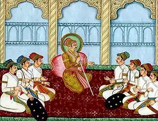 Representative painting of Raja Sagar with his ministers at Delwara.