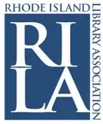 Logo for RILA featuring the large letters R I L A in blue with the words Rhode Island Library Association around it at a right angle