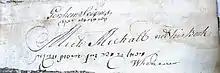 Signatures of Michael Michaels and Gershom Mendes Seixas on Shearith Israel's "Shechita book", at Penn Libraries