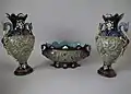 Coloured glazes majolica jardinière and vases c 1890.