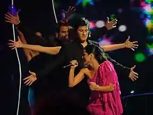 Sofia Vitória (front) while rehearsing for the Eurovision Song Contest 2004