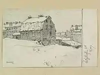 A building in Stockholm, sketched by Ferdinand Boberg in 1917 as part of the project Svenska bilder.