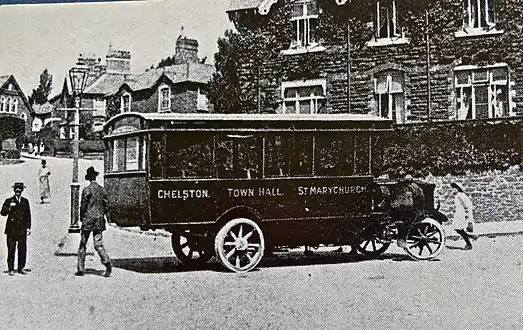 Clarkson steam bus operated by Torquay-Chelston Steam Car Company at Sharon House in 1913