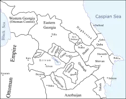 The South Caucasus in the last quarter of the 18th century. The Shirvan Khanate is located on the far right