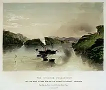 The steamer Phlegethon and the boats of Rear Admiral Sir Thomas Cochrane's squadron, repelling an attack from the forts at Borneo.