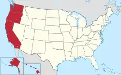 Location of the West Coast (red)in the United States (tan) as defined by the Census Bureau.