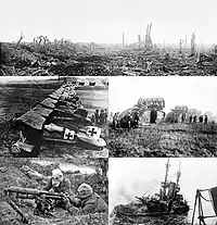 (Clockwise from the top)
The aftermath of shelling during the Battle of the Somme
Mark V tanks cross the Hindenburg Line
HMS Irresistible sinks after hitting a mine in the Dardanelles
A British Vickers machine gun crew wears gas masks during the Battle of the Somme
Albatros D.III fighters of Jagdstaffel 11