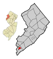 Location of Alpha in Warren County highlighted in red (right). Inset map: Location of Warren County in New Jersey highlighted in orange (left).