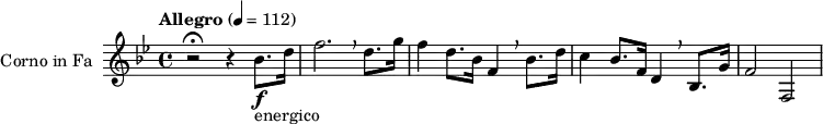\relative c'' {
\key bes \major {
\set Staff.midiInstrument = "french horn"
\set Staff.instrumentName = #"Corno in Fa"
\transposition f
\tempo "Allegro" 4 = 112
{ r2 \fermata r4 bes8. \f _"energico" d16 f2. \breathe d8. g16 f4 d8. bes16 f4 \breathe bes8. d16 c4 bes8. f16 d4 \breathe bes8. g'16 f2 f,2 }
}}
\layout { indent = 2.5\cm }