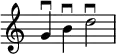 {
\override Score.TimeSignature
#'stencil = ##f
\relative c'' {
\time 4/4
g4 \downbow b \downbow d2 \downbow
} }