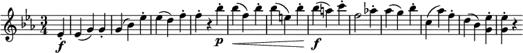 { \relative es' { \key es \major \time 3/4
\partial 4 es4-. \f | es4( g) g-. | g4( bes) es-. | es4( d) f-. | f4-. r bes-. \p |
bes4( \< f) bes-. | bes4( e,) bes'-. | bes4( \f a) c-. f,2 as!4-. |
as4( g) bes-. | c,4( as') f-. | d4( bes) <es g,>-. | <es g,>4-. r}}