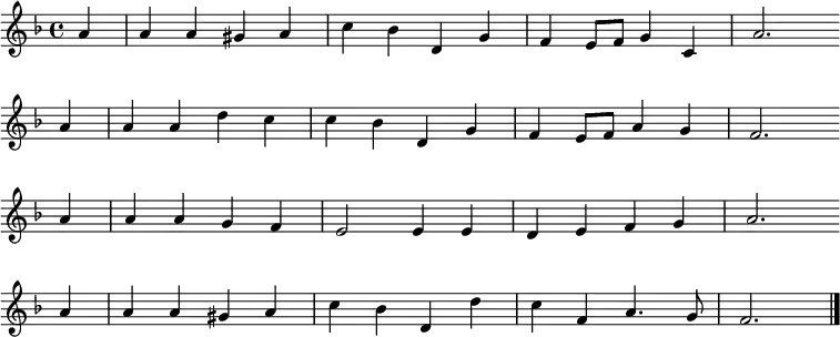 \transpose c bes,
\new Staff <<
\clef treble \key g \major {
\time 4/4 \partial 4
\relative g' {
b4 | b b ais b | d c e, a | g fis8 g a4 d, | b'2. \bar"" \break
b4 | b b e d | d c e, a | g fis8 g b4 a | g2. \bar"" \break
b4 | b b a g | fis2 fis4 fis | e fis g a | b2. \bar"" \break
b4 | b b ais b | d c e, e' | d g, b4. a8 | g2. \bar"|."
}
}
%\new Lyrics \lyricmode {
%}
>>
\layout { indent = #0 }
\midi { \tempo 4 = 80 }