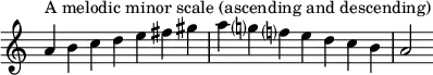 {
\omit Score.TimeSignature \relative c'' {
\time 7/4 a^"A melodic minor scale (ascending and descending)" b c d e fis gis a g? f? e d c b a2
} }