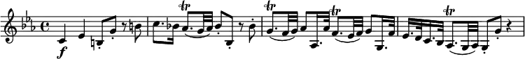 { \tempo 4 = 54 \set Score.tempoHideNote=##t \set Staff.midiInstrument = "violin" \relative c' { \key c \minor \time 4/4
c4 \f es b8-. g'-. r b | c8. bes!16 as8.( \trill g32 as) bes8-. bes,-. r bes'-. |
g8.( \trill f32 g) as8 as,16. as'32 f8.( \trill es32 f) g8 g,16. f'32 |
es16. d32 c16. bes32 as8.( \trill g32 as) g8-. g'-. r4 }}
\layout { \context { \Score \override SpacingSpanner.common-shortest-duration = #(ly:make-moment 1/8) }}
