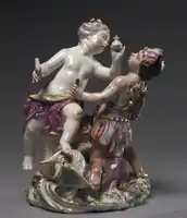 Chelsea porcelain, Europe and America (with their sceptre and bow now broken off), c. 1760.  A purple alligator between America's feet.